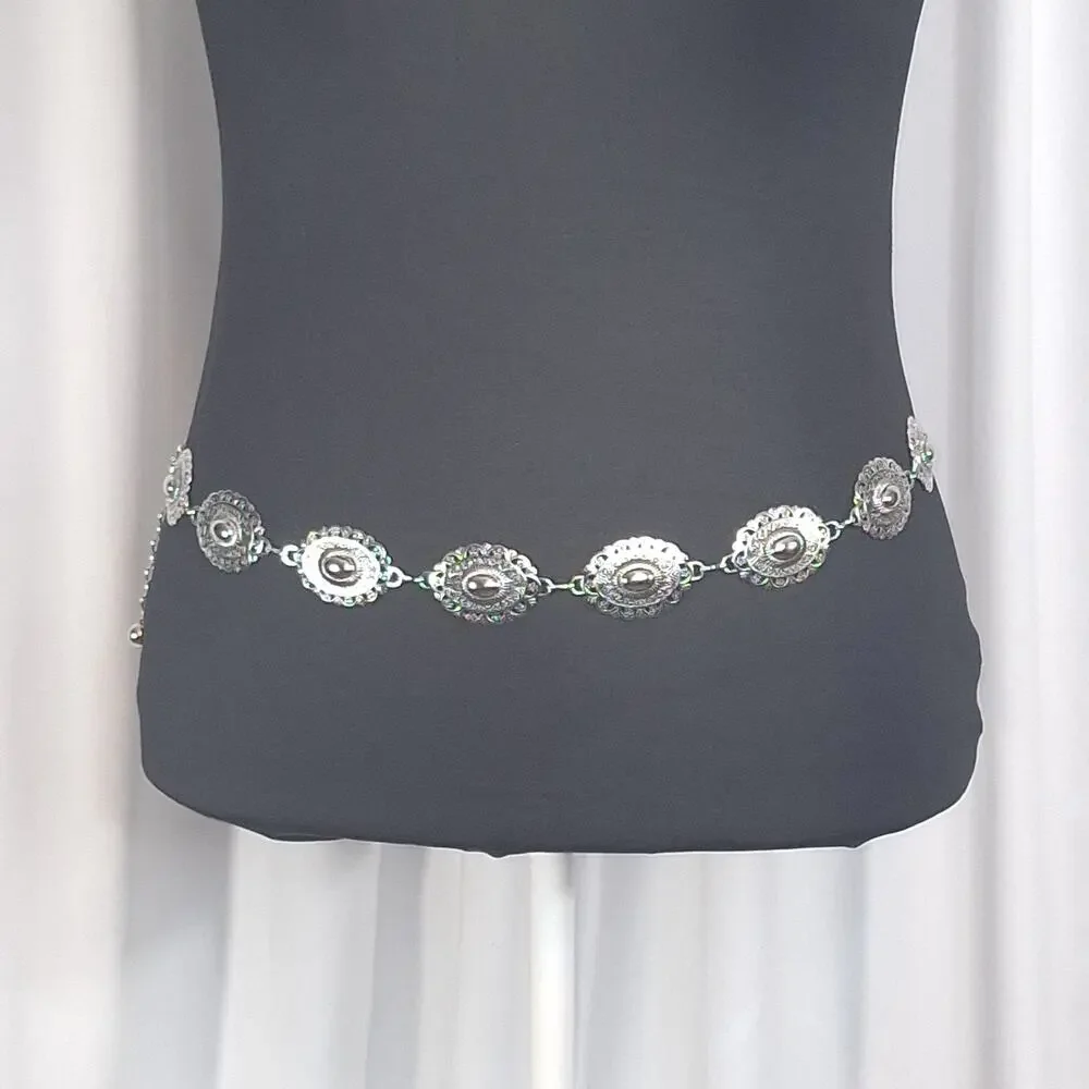 Silver Tone Oval Concho Chain Belt 42